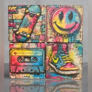 Handmade Retro Street Vibrant Graffiti 4” Wood Coaster - Set of 4